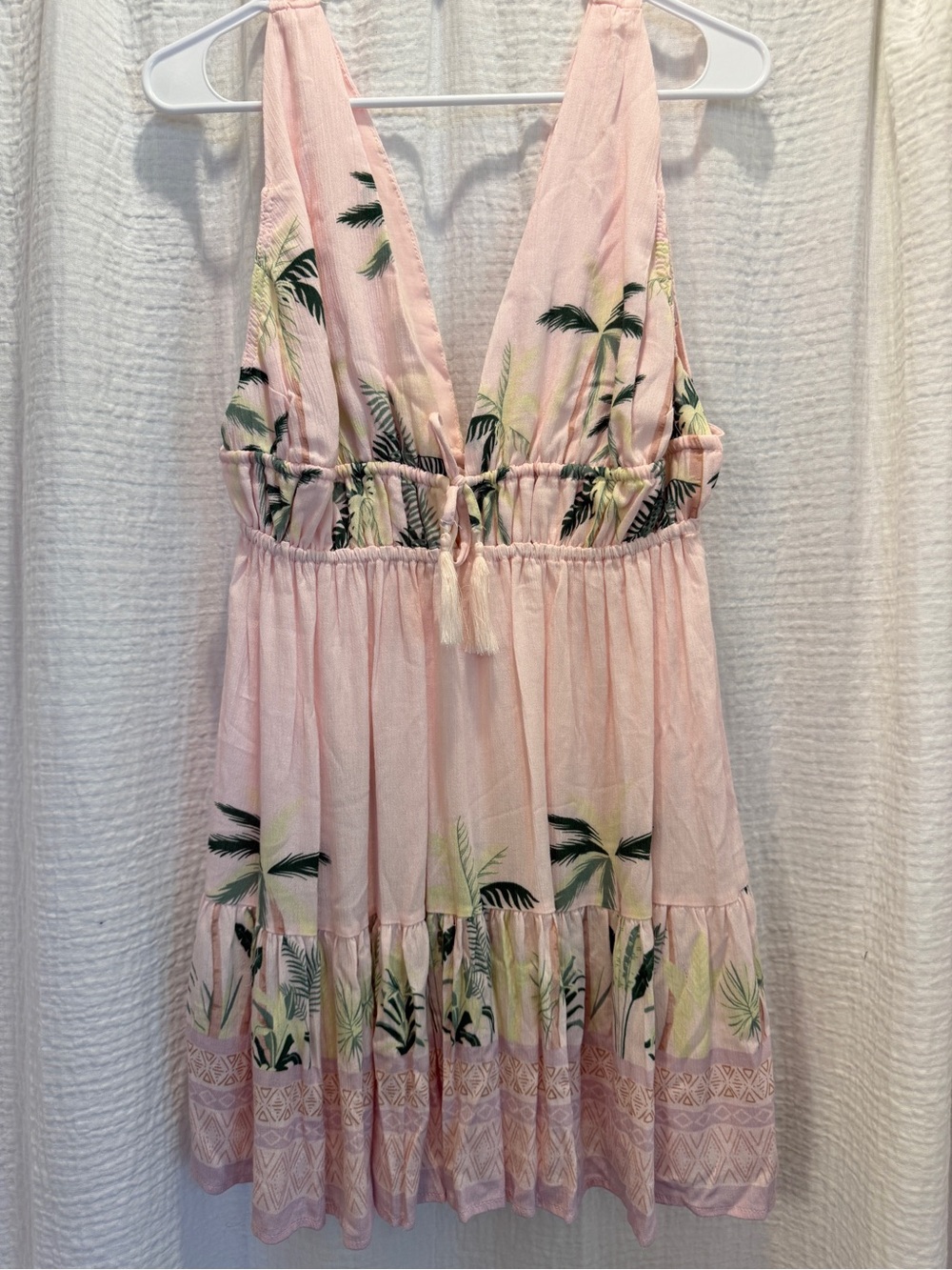 Ocean Drive Pink Tropical Palm Tree Deep V-Neck Ruffle Dress - Size Medium